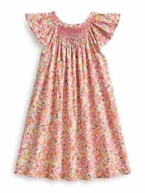 Girls' Pink Floral Smocked Cap-Sleeve Dress